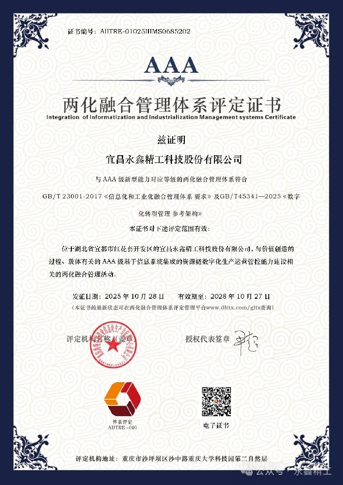 【喜報】永鑫精工成功通過(guò)國家兩化融合管理體系AAA級認證